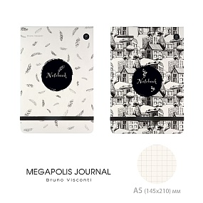 ЗАПИСНАЯ КНИЖКА "MEGAPOLIS JOURNAL" А5, 100 Л.  НА РЕЗИНКЕ (BLACK&WHITE) 2 ВИДА, В ТОЧКУ
Арт. 3-475/04