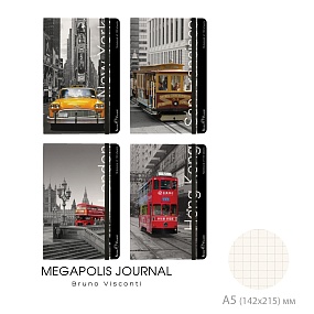 ЗАПИСНАЯ КНИЖКА "MEGAPOLIS JOURNAL" А5, 100 Л.  НА РЕЗИНКЕ (ГОРОДА) 4 ВИДА, КЛЕТКА
Арт. 3-477/02